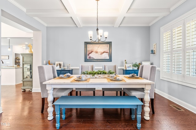 50 Lockamy Ln, Youngsville, NC 27596 - dining area featuring visible vents, baseboards, a notable chandelier, coffered ceiling, and dark wood-style flooring