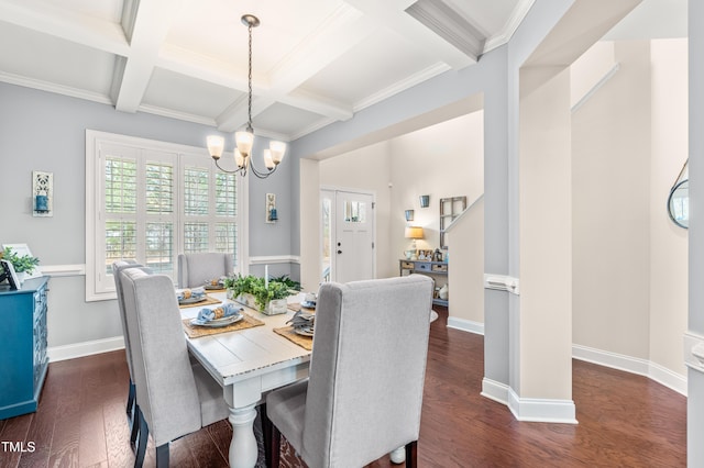 50 Lockamy Ln, Youngsville, NC 27596 - dining space with baseboards, beamed ceiling, a notable chandelier, coffered ceiling, and dark wood-style flooring