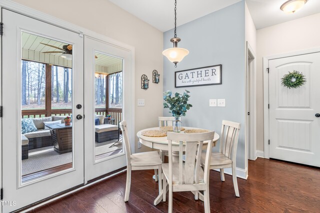50 Lockamy Ln, Youngsville, NC 27596 - dining area with ceiling fan, french doors, baseboards, and dark wood-style floors