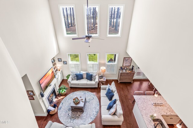 50 Lockamy Ln, Youngsville, NC 27596 - living room with baseboards, ceiling fan, a high ceiling, wood finished floors, and a glass covered fireplace