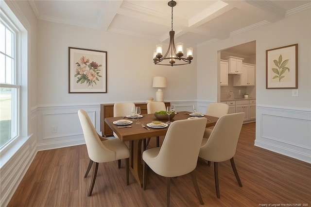333 Edwinstowe Ave, Fayetteville, NC 28311 - dining area featuring coffered ceiling, a chandelier, dark wood-type flooring, a decorative wall, and beamed ceiling