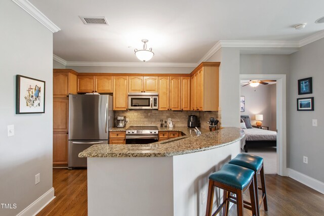 340 Allister Dr Unit 201, Raleigh, NC 27609 - kitchen featuring light stone counters, ornamental molding, stainless steel appliances, and a peninsula