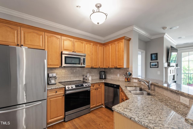 340 Allister Dr Unit 201, Raleigh, NC 27609 - kitchen featuring light stone countertops, a sink, stainless steel appliances, light wood-type flooring, and ornamental molding