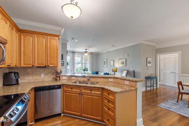 340 Allister Dr Unit 201, Raleigh, NC 27609 - kitchen with light stone counters, a sink, light wood-style flooring, stainless steel appliances, and a peninsula