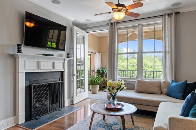 340 Allister Dr Unit 201, Raleigh, NC 27609 - living room with a ceiling fan, ornamental molding, wood finished floors, and a fireplace