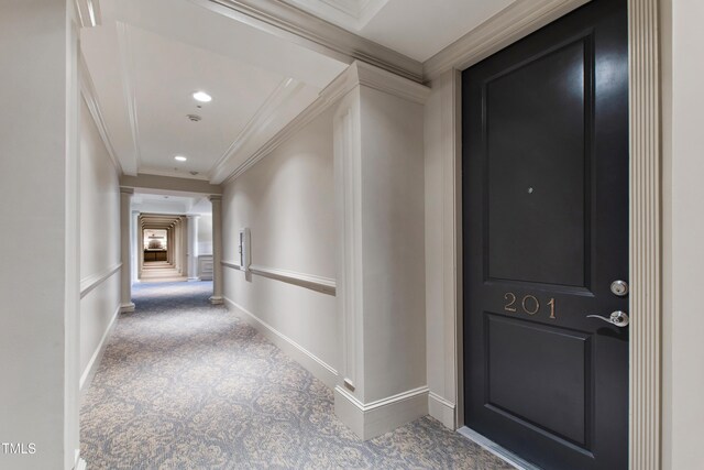340 Allister Dr Unit 201, Raleigh, NC 27609 - hall with decorative columns, crown molding, carpet floors, baseboards, and recessed lighting