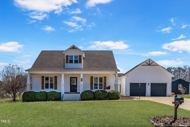 118 Riverwood Dr, Fuquay Varina, NC 27526 - view of front of home with a front yard, a porch, an attached garage, an outdoor structure, and concrete driveway