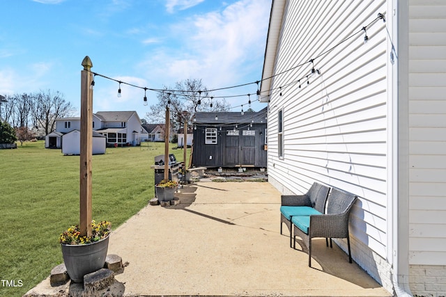 118 Riverwood Dr, Fuquay Varina, NC 27526 - view of patio featuring an outdoor structure, a storage unit, and a residential view