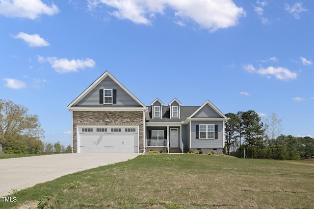 view of front of property featuring crawl space, concrete driveway, a front yard, and covered porch