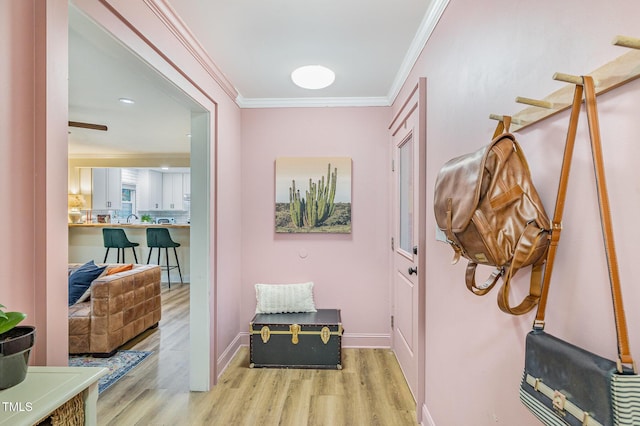 interior space with baseboards, wood finished floors, and crown molding