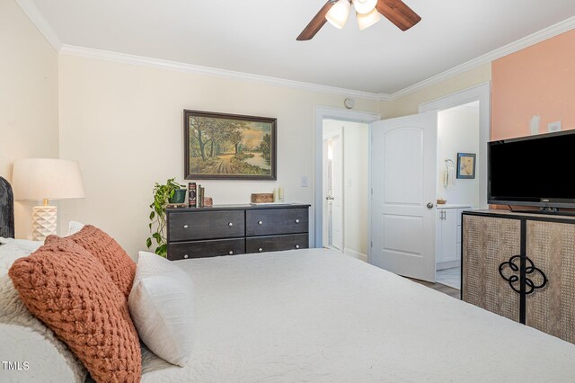bedroom with baseboards, ceiling fan, and crown molding