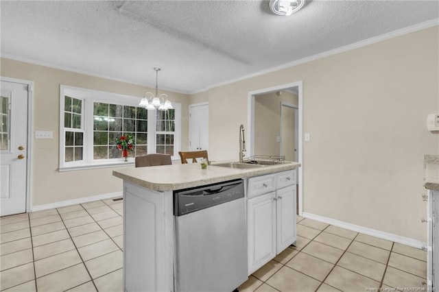 12621 Coble Dr, Laurinburg, NC 28352 - kitchen featuring light tile patterned floors, a sink, white cabinets, stainless steel dishwasher, and a notable chandelier