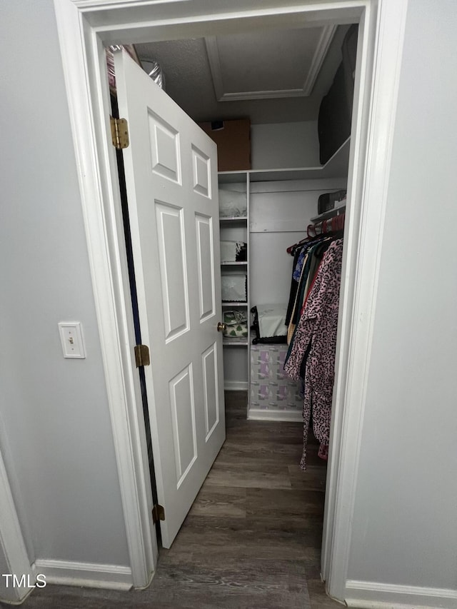 walk in closet featuring attic access and wood finished floors