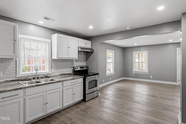 kitchen featuring stainless steel range with electric stovetop, baseboards, under cabinet range hood, a sink, and wood finished floors