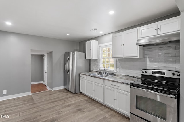 kitchen featuring light wood finished floors, appliances with stainless steel finishes, under cabinet range hood, a sink, and backsplash