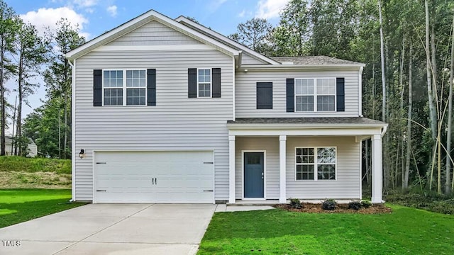 1010 Ocean Ct, Carthage, NC 28327 - traditional-style house with an attached garage, a front yard, driveway, roof with shingles, and a porch