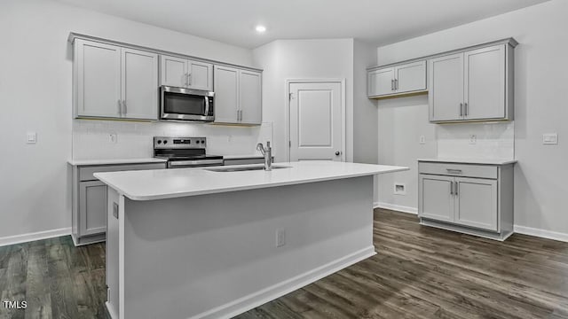 1010 Ocean Ct, Carthage, NC 28327 - kitchen featuring appliances with stainless steel finishes, gray cabinetry, dark wood-type flooring, tasteful backsplash, and recessed lighting