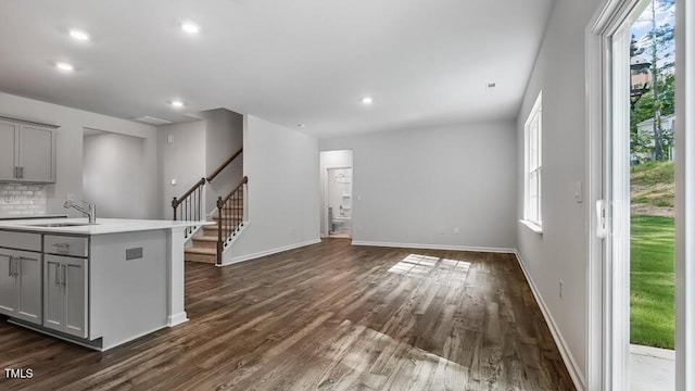 1010 Ocean Ct, Carthage, NC 28327 - kitchen with gray cabinets, dark wood-style floors, light countertops, and recessed lighting