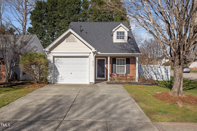 cape cod house with fence, a garage, concrete driveway, brick siding, and a shingled roof