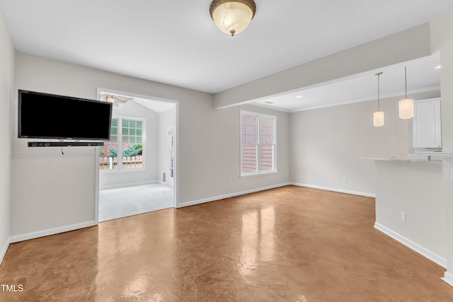 11035 Southwalk Ln, Raleigh, NC 27614 - unfurnished living room featuring baseboards, concrete floors, and a ceiling fan