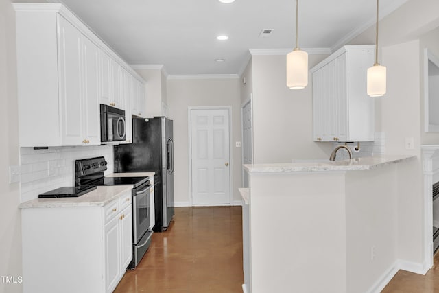11035 Southwalk Ln, Raleigh, NC 27614 - kitchen with range with electric stovetop, decorative backsplash, recessed lighting, white cabinetry, and light stone countertops