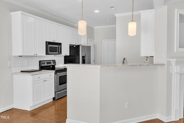 11035 Southwalk Ln, Raleigh, NC 27614 - kitchen featuring appliances with stainless steel finishes, tasteful backsplash, white cabinetry, ornamental molding, and a peninsula