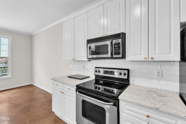 11035 Southwalk Ln, Raleigh, NC 27614 - kitchen featuring stainless steel appliances, decorative backsplash, baseboards, ornamental molding, and white cabinets