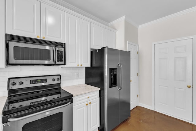 11035 Southwalk Ln, Raleigh, NC 27614 - kitchen featuring stainless steel appliances, crown molding, white cabinetry, decorative backsplash, and baseboards
