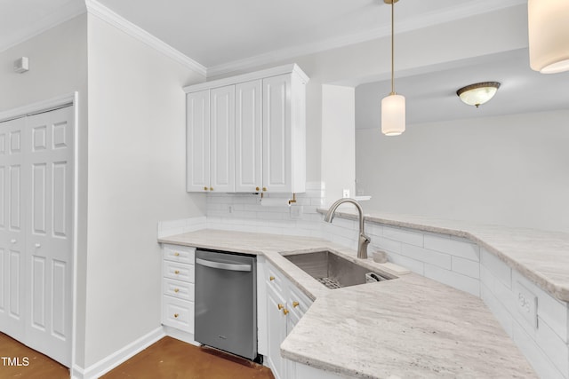 11035 Southwalk Ln, Raleigh, NC 27614 - kitchen with dishwasher, a sink, white cabinetry, ornamental molding, and tasteful backsplash