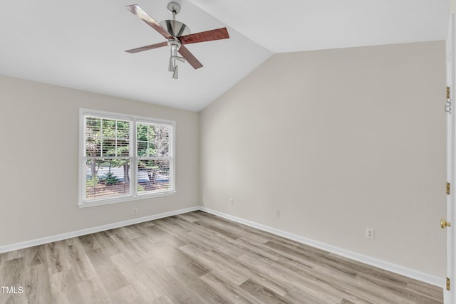 11035 Southwalk Ln, Raleigh, NC 27614 - spare room with light wood-style floors, lofted ceiling, a ceiling fan, and baseboards