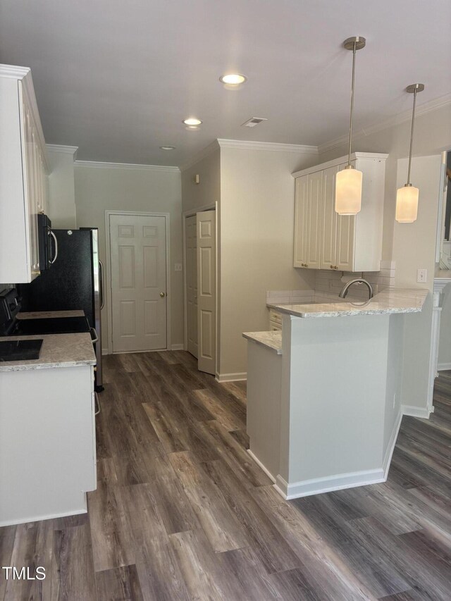 11035 Southwalk Ln, Raleigh, NC 27614 - kitchen with ornamental molding, dark wood-style flooring, a peninsula, light stone counters, and white cabinets