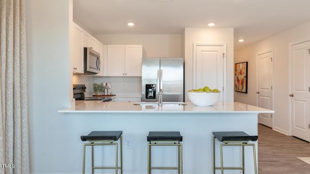 140 Holton St, Smithfield, NC 27577 - kitchen featuring a peninsula, a sink, light countertops, appliances with stainless steel finishes, and white cabinetry