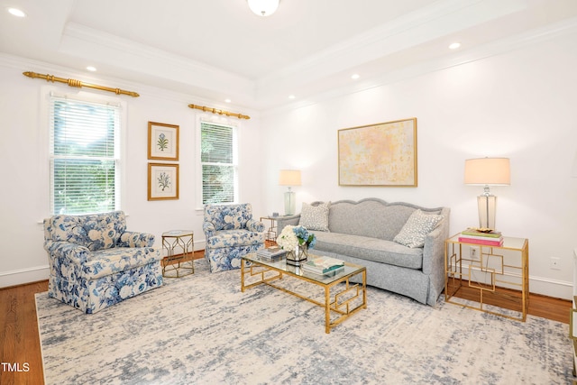 living room featuring plenty of natural light, crown molding, a raised ceiling, and wood finished floors