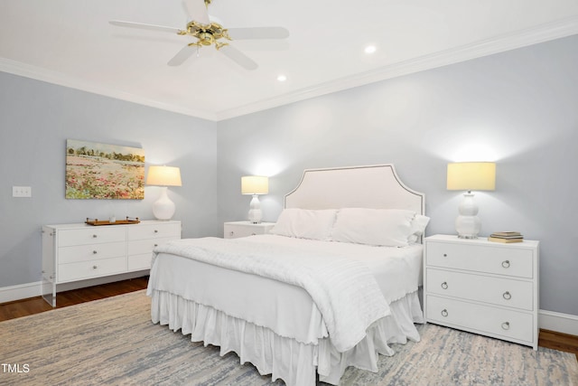 bedroom with crown molding, baseboards, recessed lighting, wood finished floors, and a ceiling fan