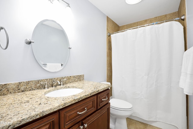 full bath with vanity, curtained shower, toilet, and tile patterned flooring