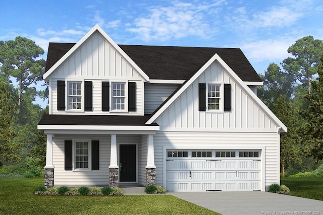 150 Ziggy Way, Raeford, NC 28376 - view of front facade with board and batten siding, a porch, a shingled roof, and a front lawn