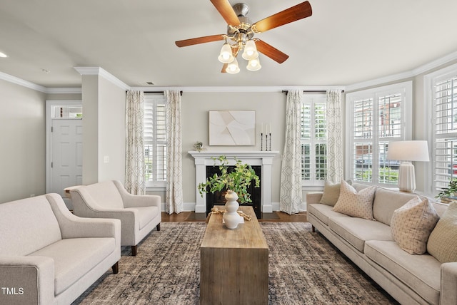 10529 Sablewood Dr Unit 111, Raleigh, NC 27617 - living area with crown molding, a ceiling fan, plenty of natural light, baseboards, and a fireplace