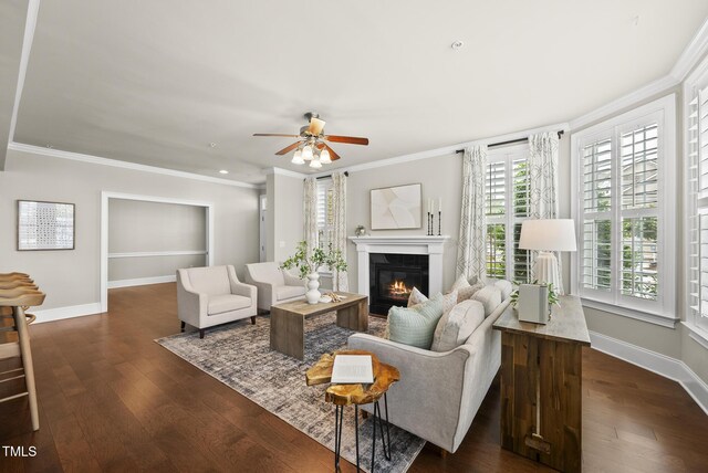 10529 Sablewood Dr Unit 111, Raleigh, NC 27617 - living area with ornamental molding, dark wood-style floors, a glass covered fireplace, a ceiling fan, and baseboards