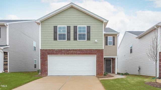 view of front facade featuring brick siding, driveway, a garage, and a front lawn