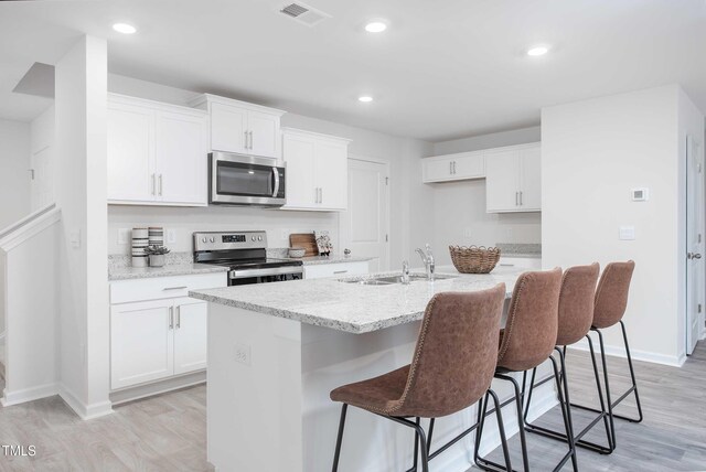 kitchen with visible vents, white cabinets, a sink, light wood finished floors, and stainless steel appliances