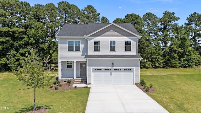20 Diamond Creek Dr, Zebulon, NC 27597 - view of front of home featuring a front yard, driveway, a garage, a porch, and a shingled roof