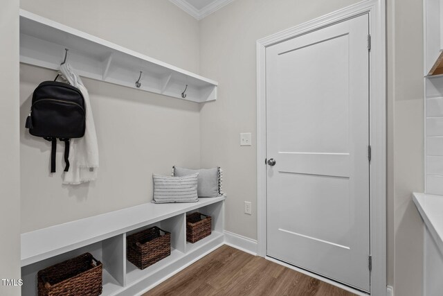 20 Diamond Creek Dr, Zebulon, NC 27597 - mudroom featuring ornamental molding and wood finished floors