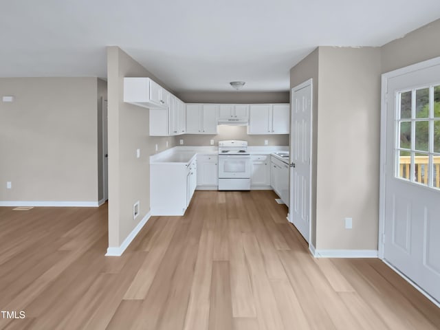 kitchen with baseboards, light wood-style flooring, white electric range oven, and white cabinetry