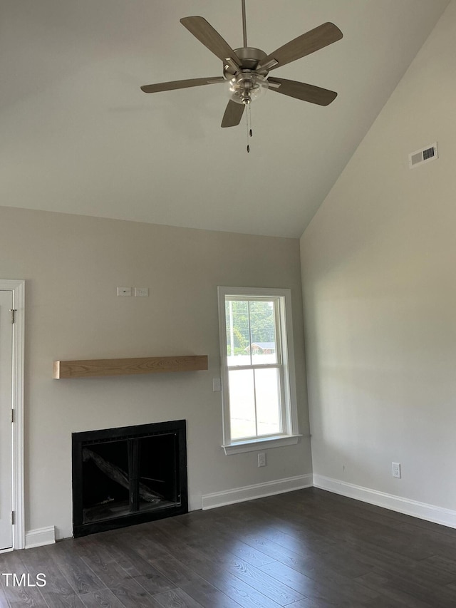 1039 N Lincoln St, Benson, NC 27504 - unfurnished living room with a fireplace, wood finished floors, a ceiling fan, and high vaulted ceiling
