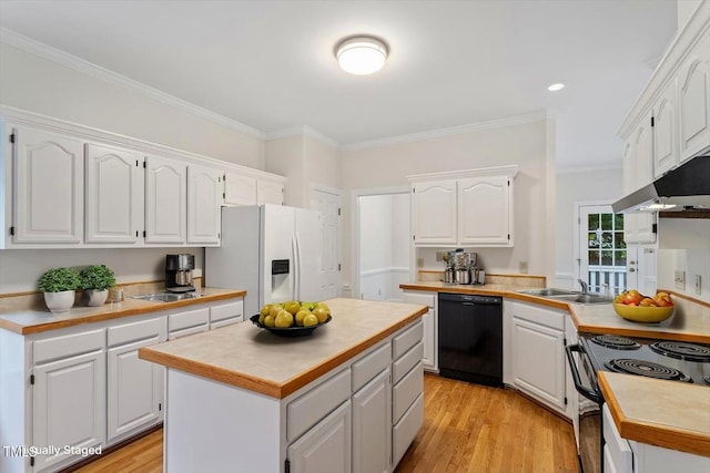 5 Wembley Ct, Durham, NC 27705 - kitchen with black appliances, white cabinetry, a sink, light countertops, and ornamental molding