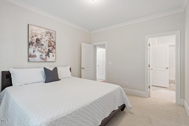 bedroom featuring crown molding, baseboards, and light carpet