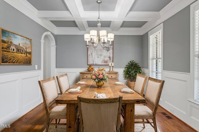 dining space featuring a decorative wall, beam ceiling, wood finished floors, a wainscoted wall, and coffered ceiling