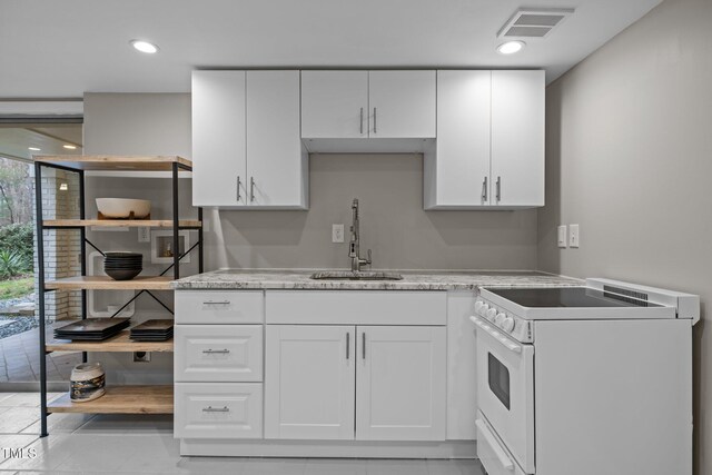 kitchen with visible vents, white range with electric cooktop, a sink, white cabinets, and recessed lighting
