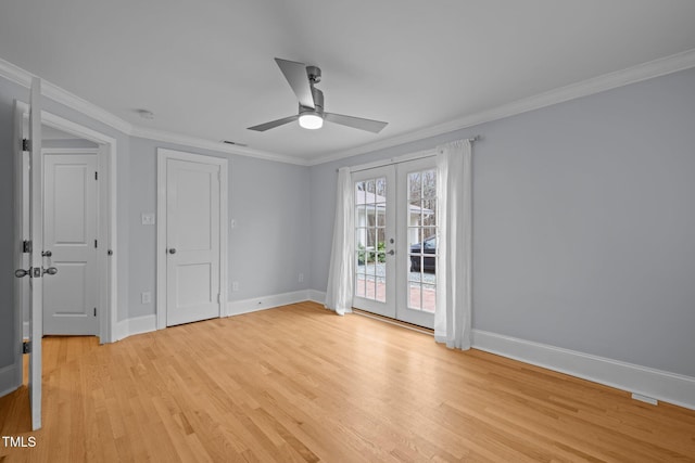 unfurnished bedroom with baseboards, access to outside, french doors, and light wood-style flooring