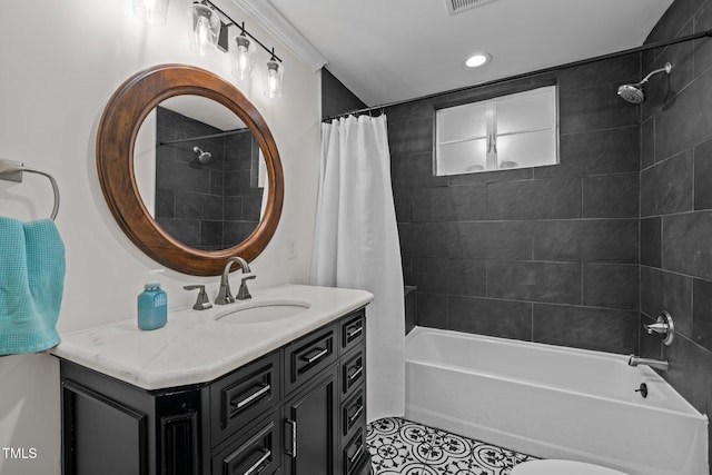 full bath with vanity, visible vents, recessed lighting, tile patterned floors, and shower / bath combo